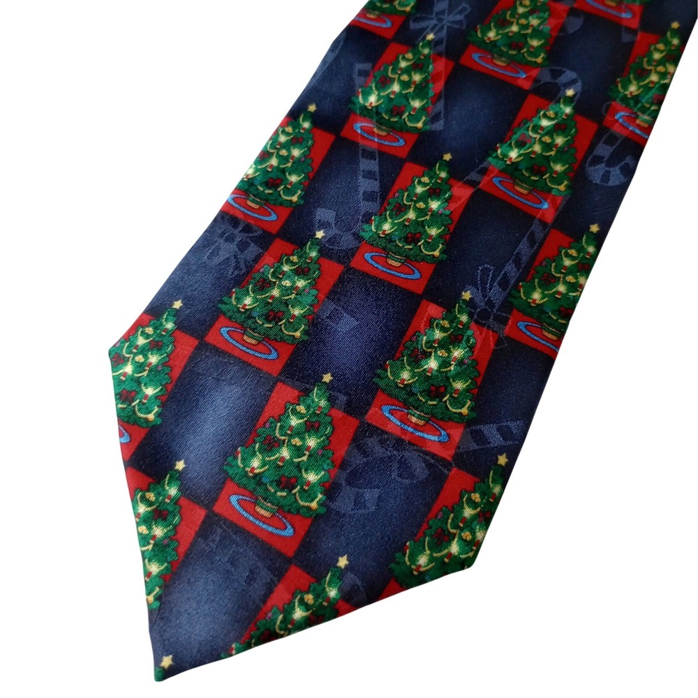 Yule Tie Greetings Hallmark Mens Silk Christmas Tree Tie Blue Red Checkered NEW